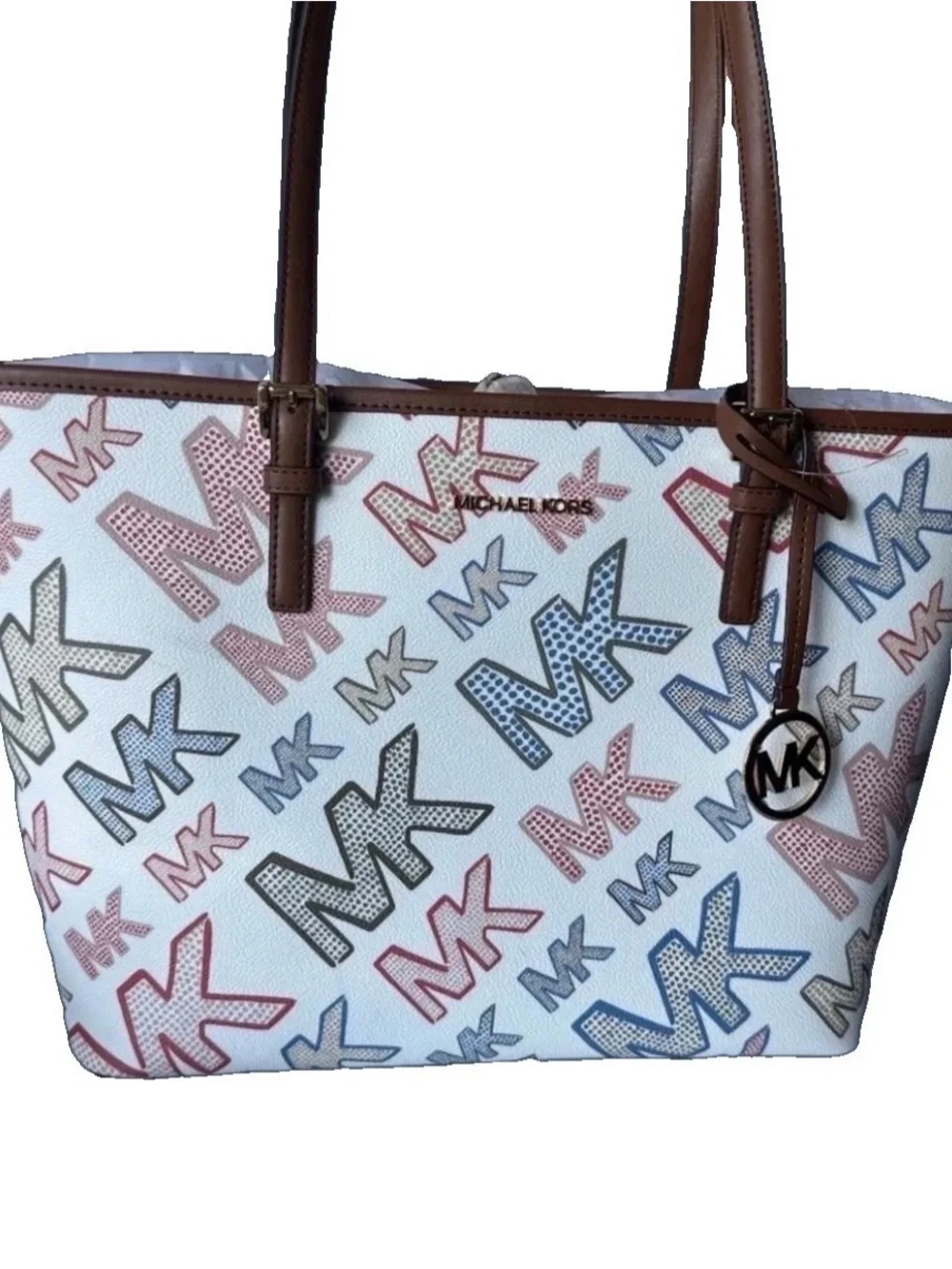 Michael Kors White Multi MK Logo Tote with Brown Trim